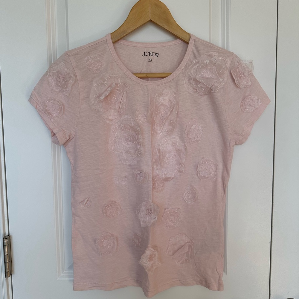 J.Crew Pink Crepe Floral Stitched T-Shirt